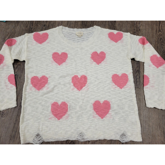 143 Story By Line Up Thin Ivory Pink Hearts Sweater Pullover Medium - Picture 1 of 4